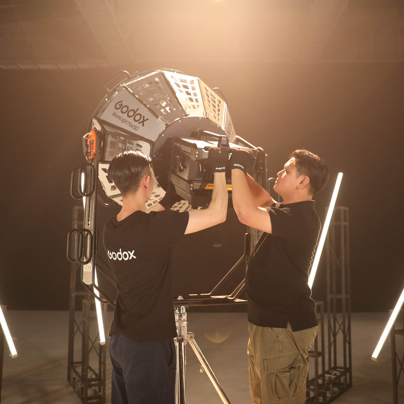 Godox BeamLight Max90 Cinema-Grade parallel-Beam Reflector being used in a film studio