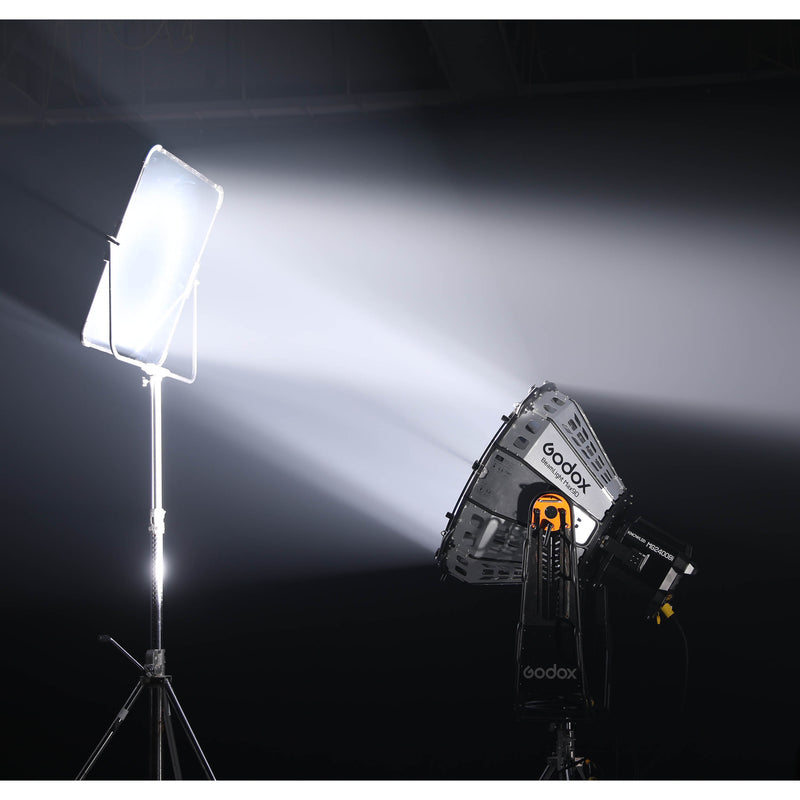 Godox BeamLight Max90 Cinema-Grade parallel-Beam Reflector being used  with a KNOWLED  LiteFlow100 panel