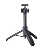 Tripod selfie stick with ball head and phone clamp, showing its Telesin blue ring