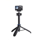 Selfie stick opened into a tripod with ball head holding an action camera