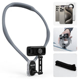Grey neck-worn phone holder with insets showing compatible phones, coiled use and its strap