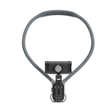 Grey neck-worn phone holder with black clamp, seen from the front