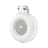 White round selfie ring light with silver clip, seen from the side