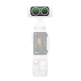 CPL filter fitted on the lens of a white handheld gimbal camera