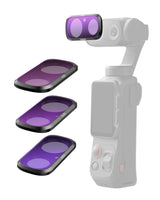 The ND4, ND16 and ND64 filters beside a handheld gimbal camera with one filter fitted