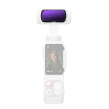 White handheld gimbal camera with the ND4 filter fitted on its lens
