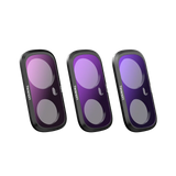 Three Telesin ND filters angled to show their purple-tinted glass