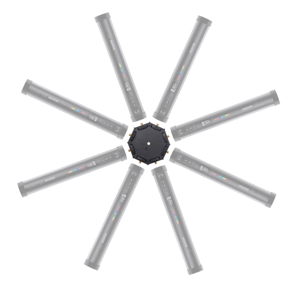 Eight Godox TL30 RGB LED light tubes being connected to  a TL-M8 8-Way Coupler.