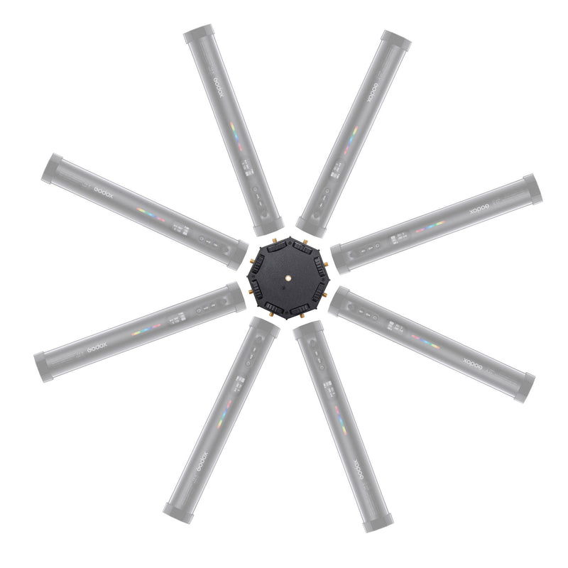 Eight Godox TL30 RGB LED light tubes being connected to  a TL-M8 8-Way Coupler.