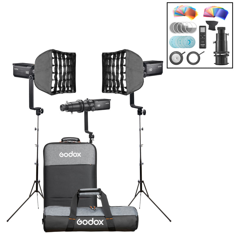 Godox S60 Three Head Focused Beam LED Spotlight Complete Kit 