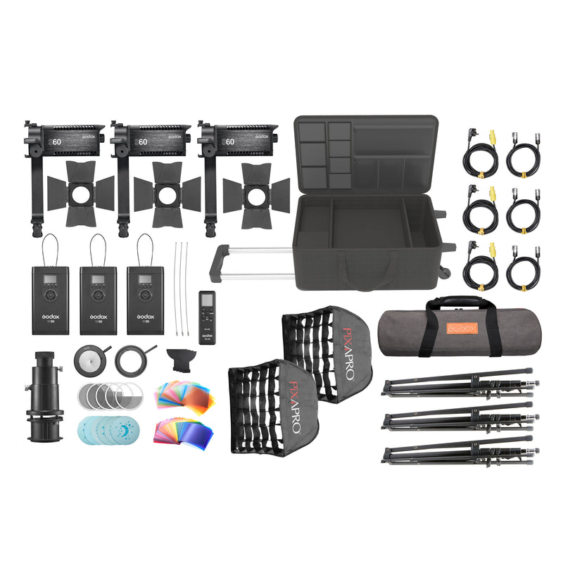 Godox S60 Three Head Focused Beam LED Spotlight Complete Kit 