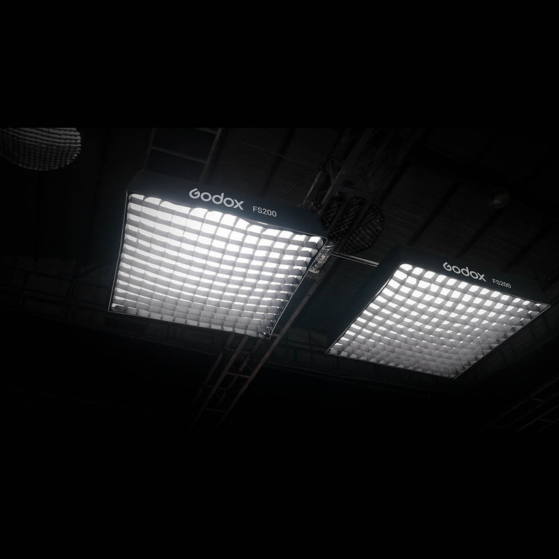 Godox Knowled F200Bi Foldable Panel Lights being used on a studio ceiling rig