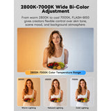 Product advertisement for a light source with color temperature range display, showing a woman holding fruits and vegetables.
