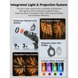 Integrated light and projection system with features like enhanced optical lens system, creative gobos, and color filters.