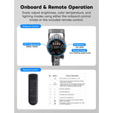 Control panel with onboard and remote operation features for adjusting brightness, color temperature, and lighting modes.