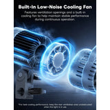 Illustration of a cooling fan with text about built-in low-noise cooling feature.
