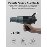 Handheld flash light with text about its features and weight on a gray background