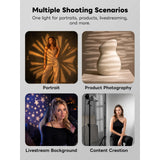 Lighting solution for various shooting scenarios including portraits, product photography, livestream backgrounds, and content creation.