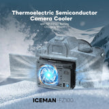 Camera cooler with thermoelectric semiconductor technology in a snowy landscape, featuring the brand 'ICEMAN'.