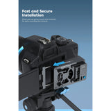 Camera with a mount on a blue background, highlighting fast and secure installation feature.