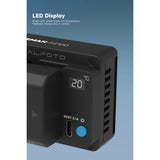 Black power bank with LED display on a blue background