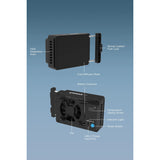 Black electronic device with labeled parts on a blue gradient background