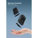 Small black device held in a hand with text 'Big Power, Small Size' on a blue background