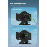 Camera with dual power options illustration on a blue background