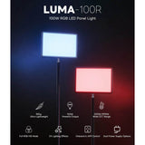 LUMA-100R 100W RGB LED Panel Light with features on a dark background