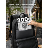 Black backpack with a device labeled '300g' being placed inside, set against an urban background.