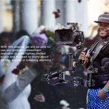 Person wearing a DigitalFoto THANOS PROCII  camera stabiliser vest with text about its features