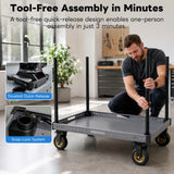 Person assembling the DigitalFoto TITAN LITE 36" Lightweight Video Cart with tool-free assembly features in a home setting.