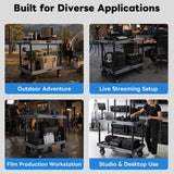 Collage of a mobile workbench used for outdoor adventure, live streaming setup, film production, and studio use.