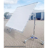 PiXAPRO 300x300cm Butterfly Frame Sun Shade Scrim Diffuser on a metal stand with wheels outdoors