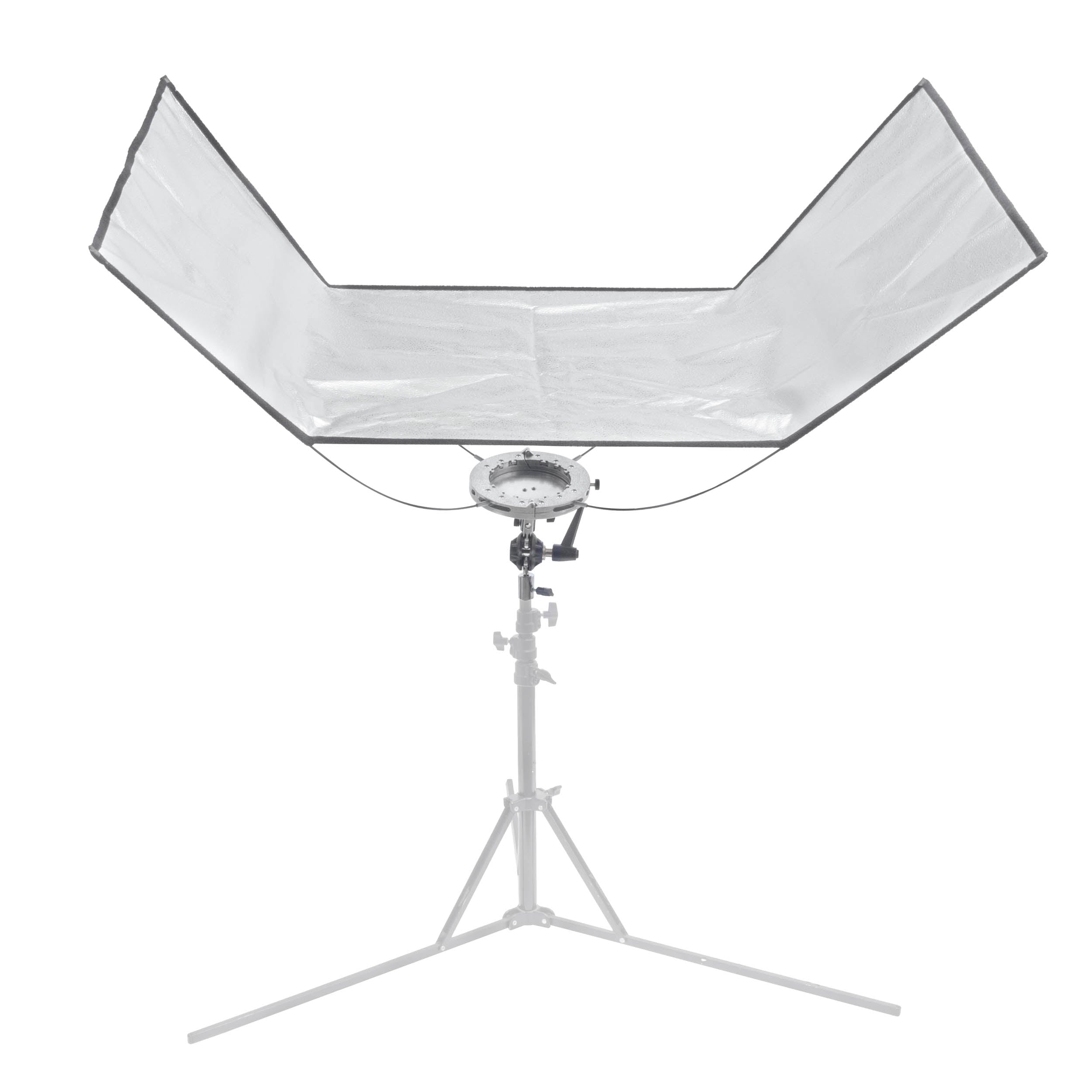 The Pixapro 60x150cm Flatpak Eyelighter mounted to a stand with its silver-surface