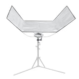 The Pixapro 60x150cm Flatpak Eyelighter mounted to a stand with its silver-surface