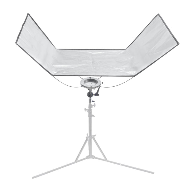 The Pixapro 60x150cm Flatpak Eyelighter mounted to a stand with its silver-surface