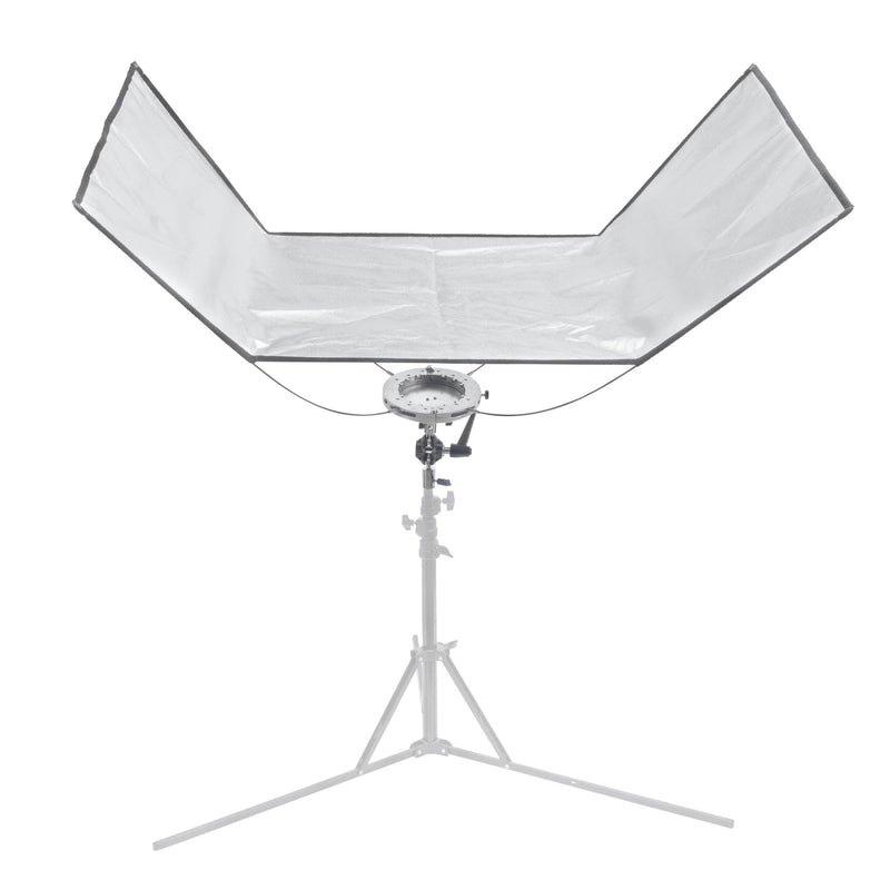 The Pixapro 60x150cm Flatpak Eyelighter mounted to a stand with its silver-surface