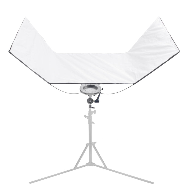The Pixapro 60x150cm Flatpak Eyelighter mounted to a stand with its white surface