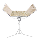 The Pixapro 60x150cm Flatpak Eyelighter mounted to a stand with its soft-gold silver/gold mix surface