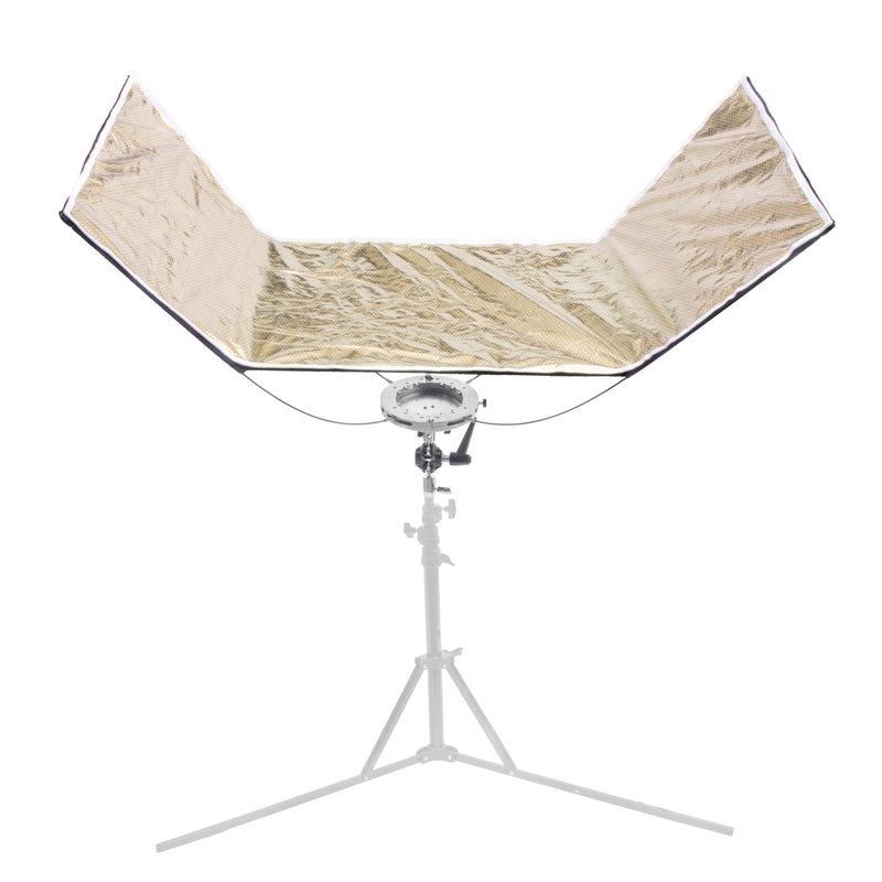 The Pixapro 60x150cm Flatpak Eyelighter mounted to a stand with its soft-gold silver/gold mix surface