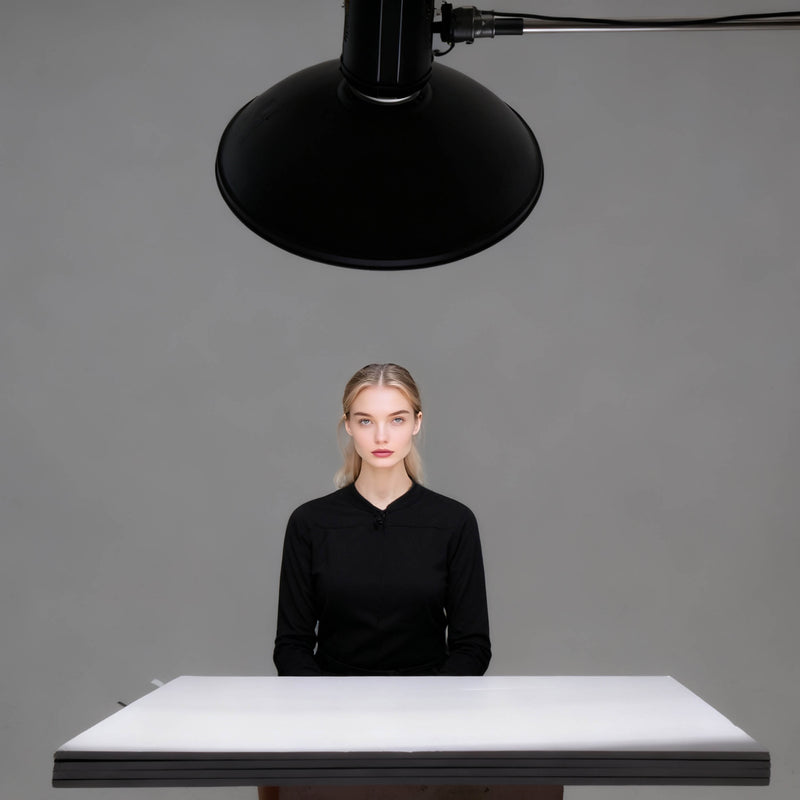 The PIxapro 1x2m Foldable Black/white V-Flat Panel being used as a make-shift posing table to bounce light underneath  a model's chin