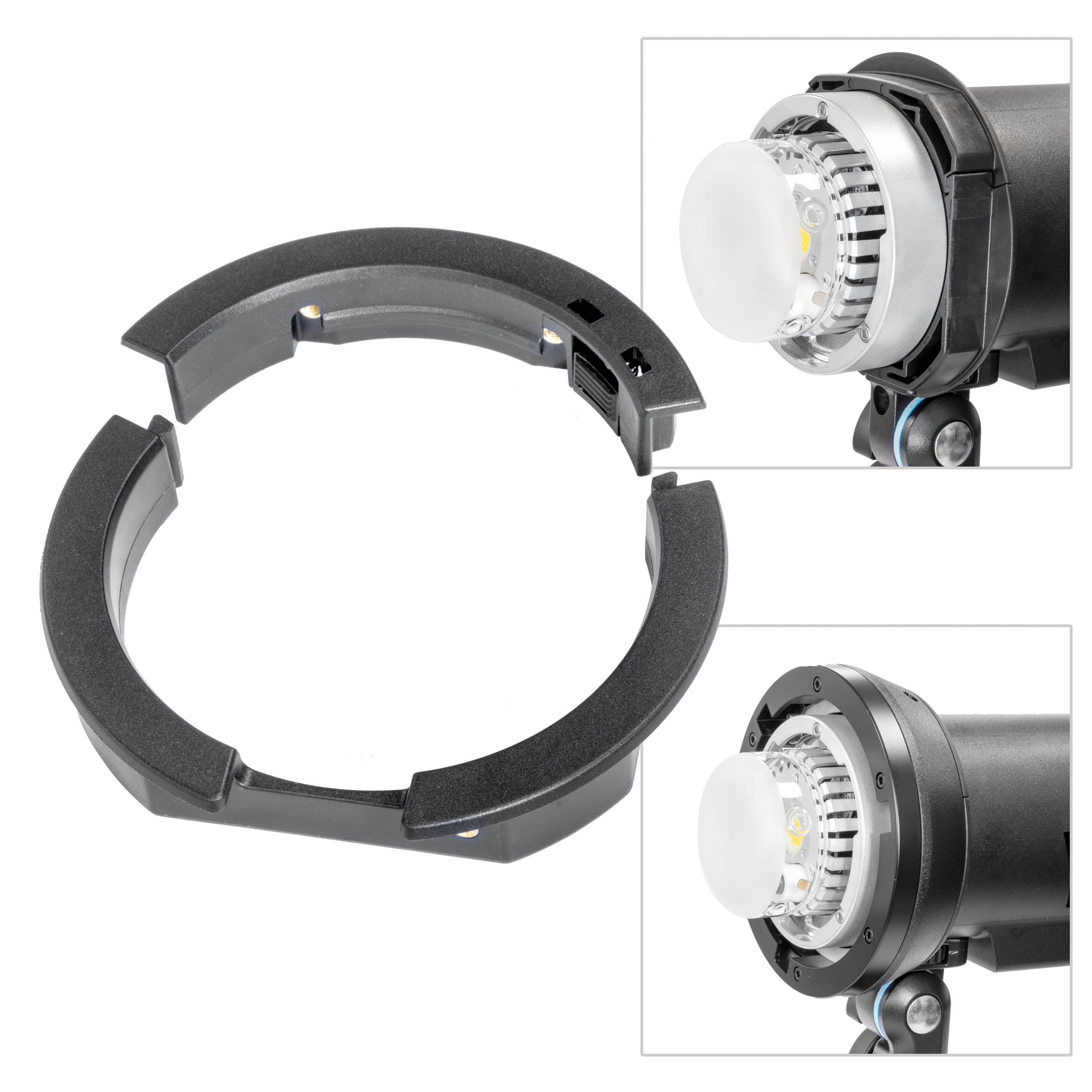 The GODOX AD-AB Converter ring with two inset images showing how it is used.