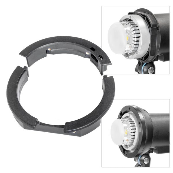The GODOX AD-AB Converter ring with two inset images showing how it is used.