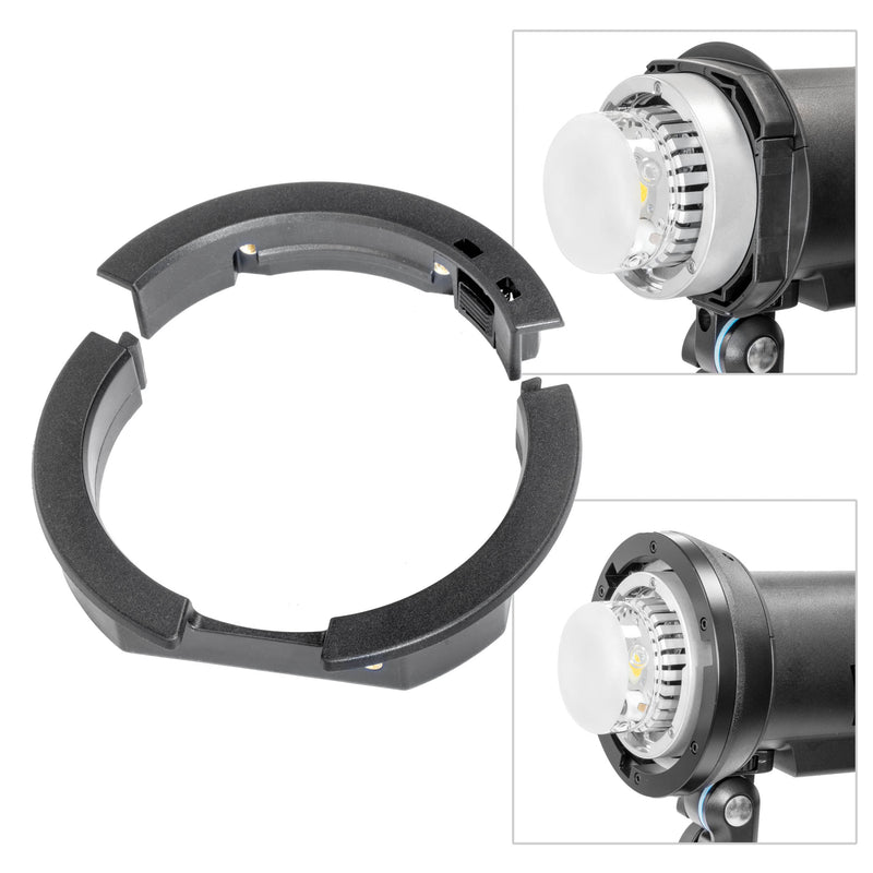 The GODOX AD-AB Converter ring with two inset images showing how it is used.