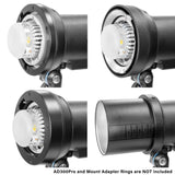 The GODOX AD-AB converter ring used to mount a Bowens S-Type, an Elinchrom, a Broncolor, and a Profoto mount adapter to an AD300Pro