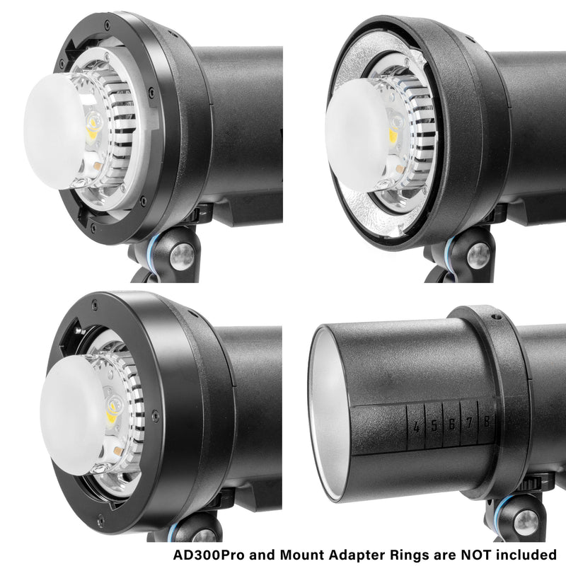 The GODOX AD-AB converter ring used to mount a Bowens S-Type, an Elinchrom, a Broncolor, and a Profoto mount adapter to an AD300Pro