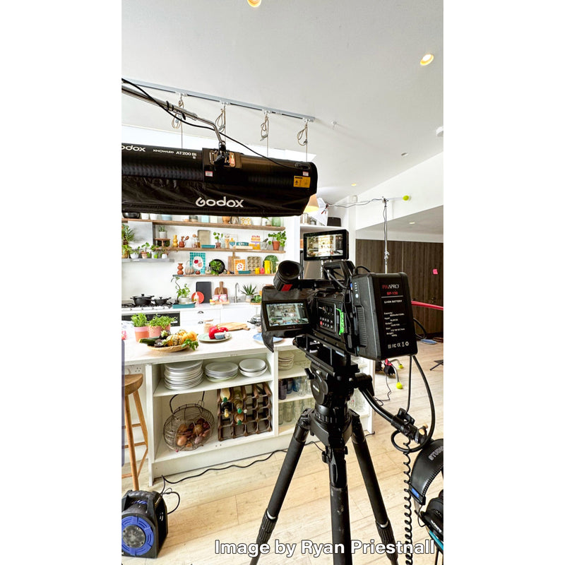 BTS shot of KNOWLED AT200Bi being used to illuinate a cooking show set - Image by Ryan Priestnall