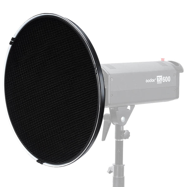 Godox BDR-C550 Honeycomb Grid mounted to a Godox BDR-S550 and  BDR-W550 Beauty Dish mounted to a light