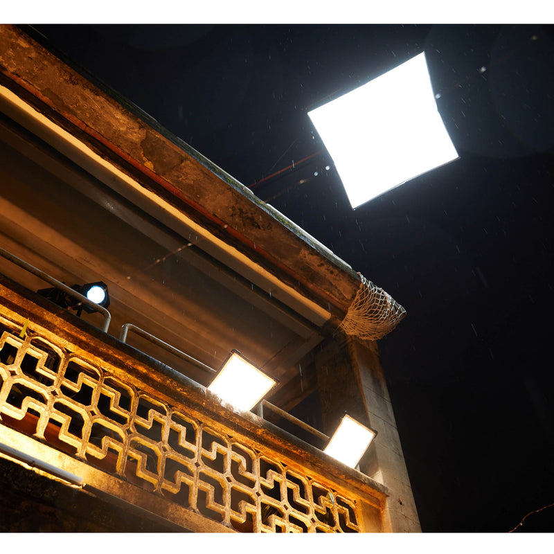 Godox KNOLWED F600Bi 4x4' Foldable LED Light Mat used to illuminate a film set in the rain
